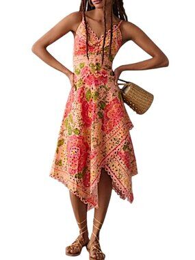 NWT Farm Rio Blooming Floral-Print Cotton Midi Dress Asymmetric Eyelet Dress